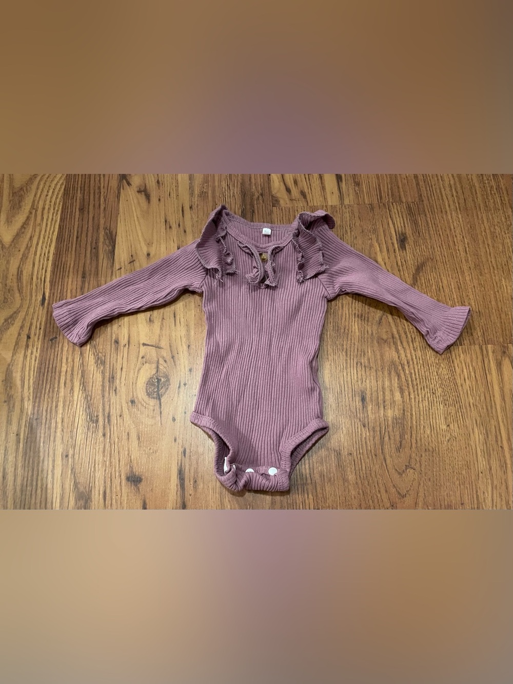 Ruffled Ribbed Long-Sleeve One-Piece in Dusty Mauve